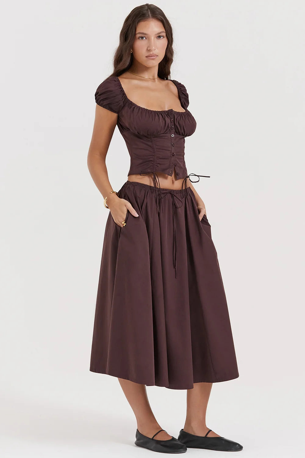 rich brown gathered midi skirt