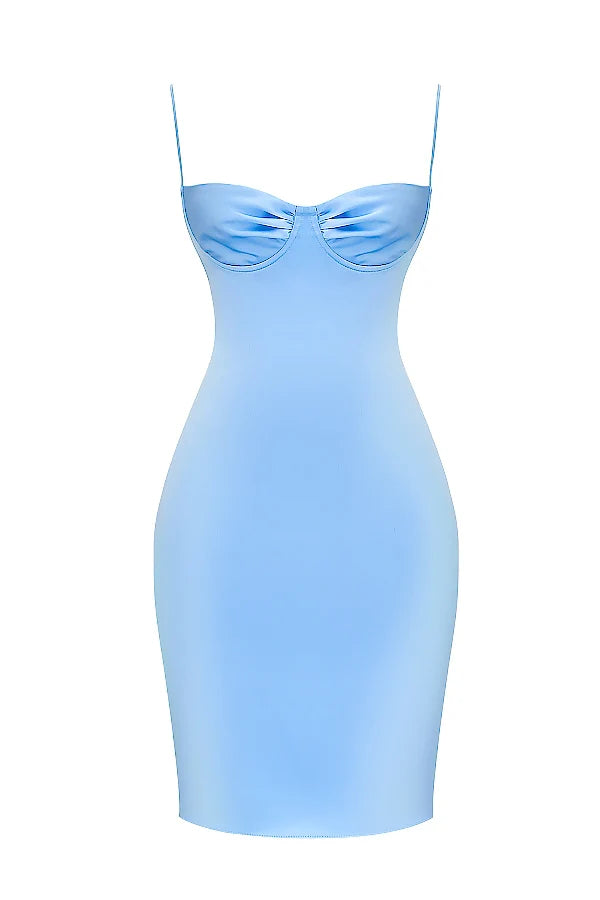 soft blue satin midi dress