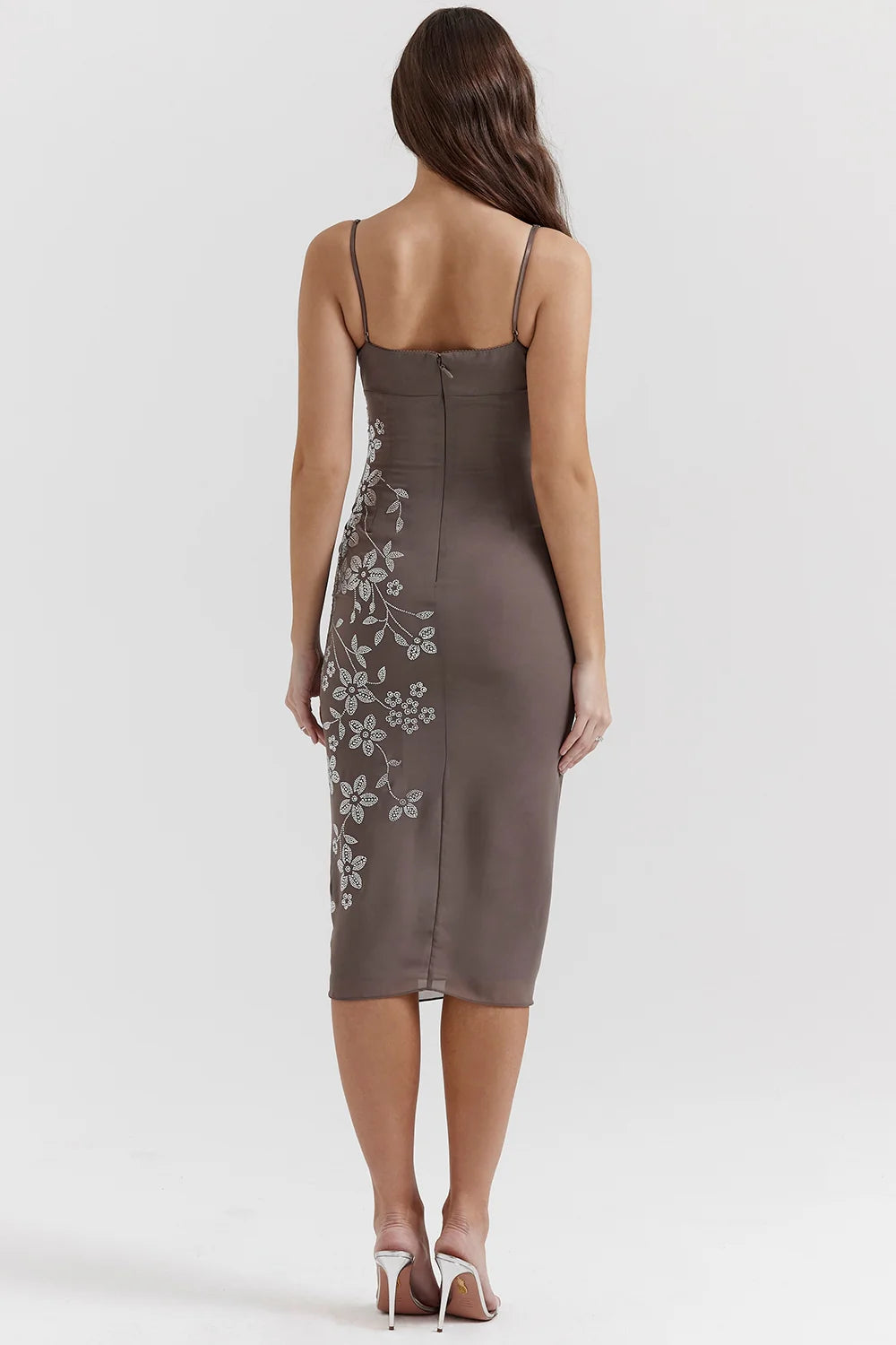 smoke crystal embellished midi dress