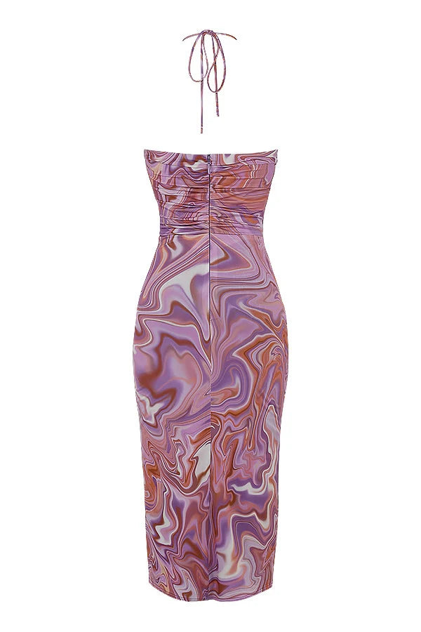 purple swirl cutout midi dress