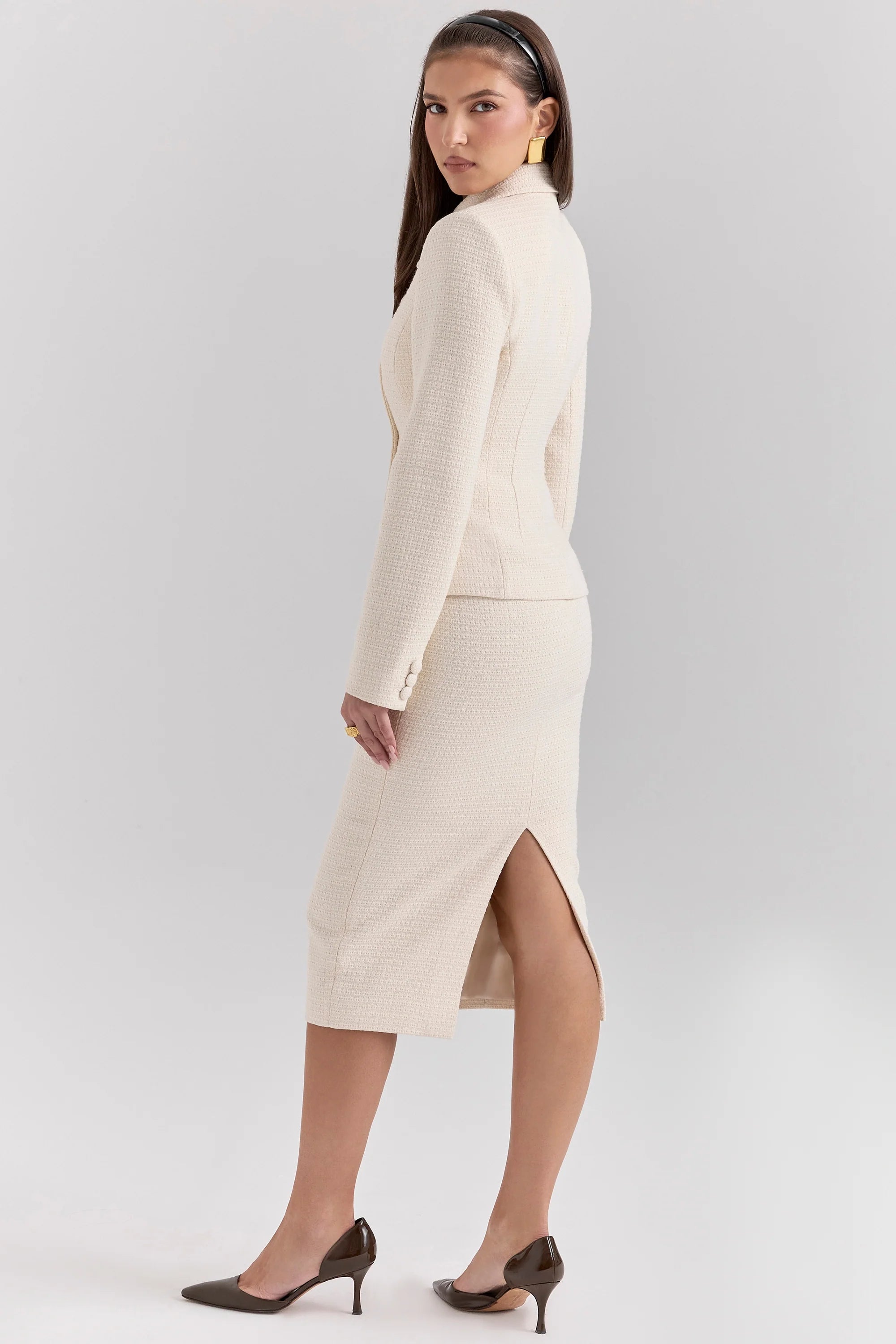 cream boucle pencil midi skirt