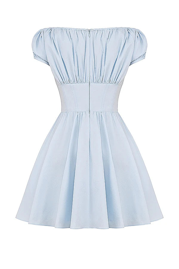soft blue cotton gathered mini dress