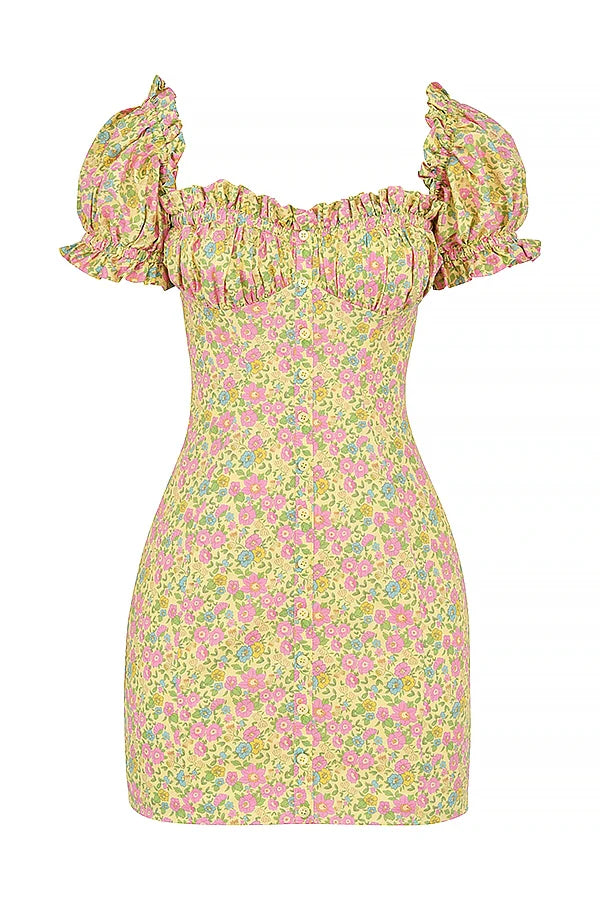 vintage floral puff sleeve mini dress