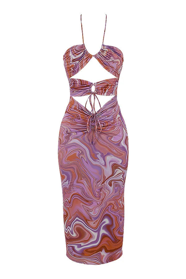 purple swirl cutout midi dress