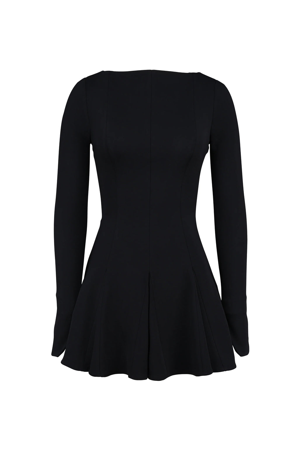 black stretch crepe godet mini dress