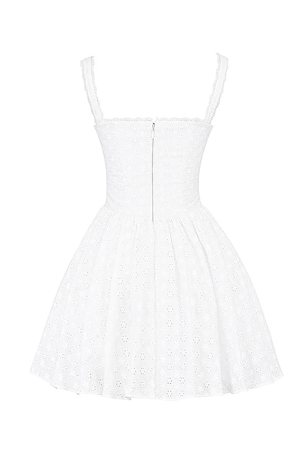 white cotton broderie anglais corset mini dress