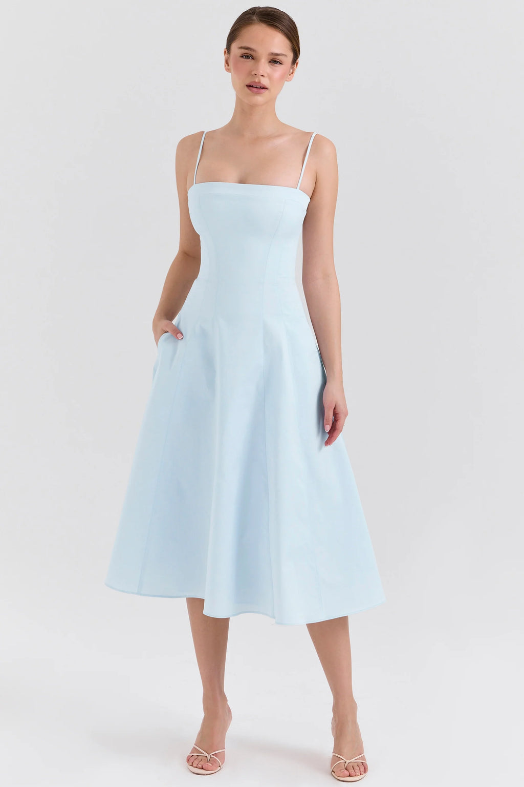 soft blue stretch cotton a-line midi sundress