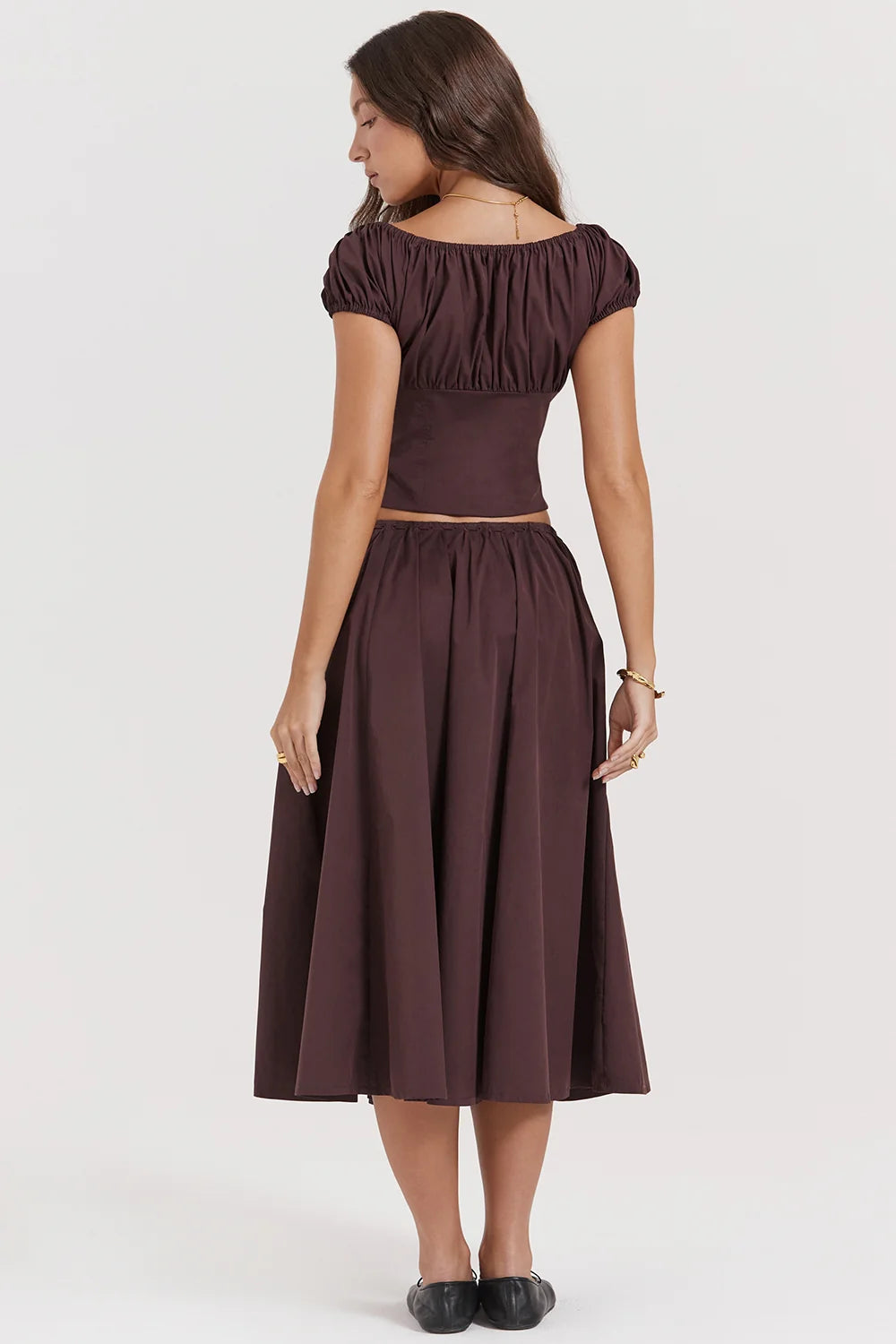 rich brown gathered midi skirt