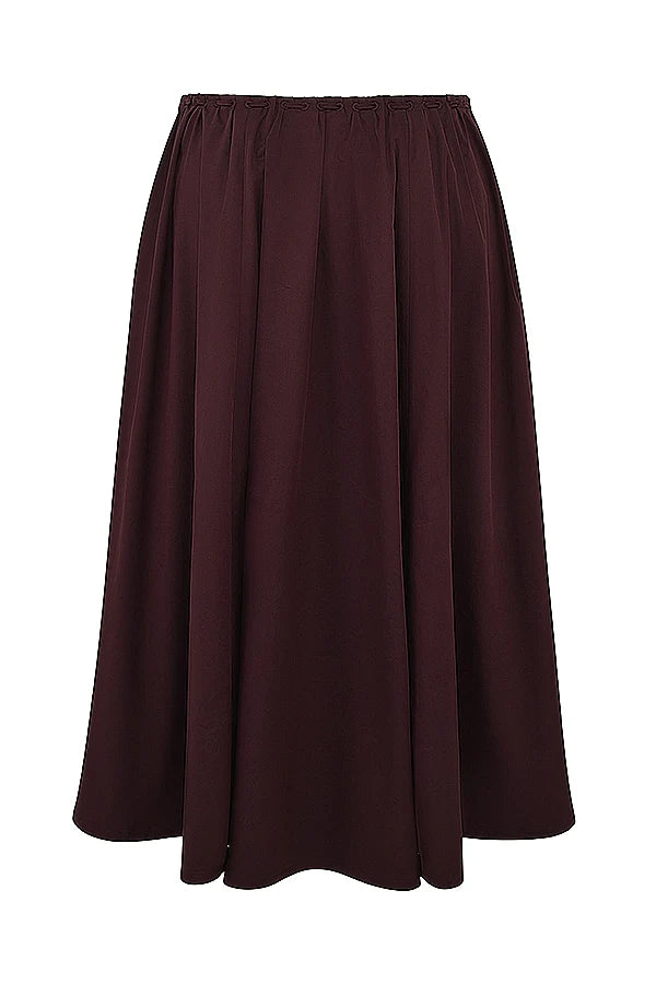 rich brown gathered midi skirt