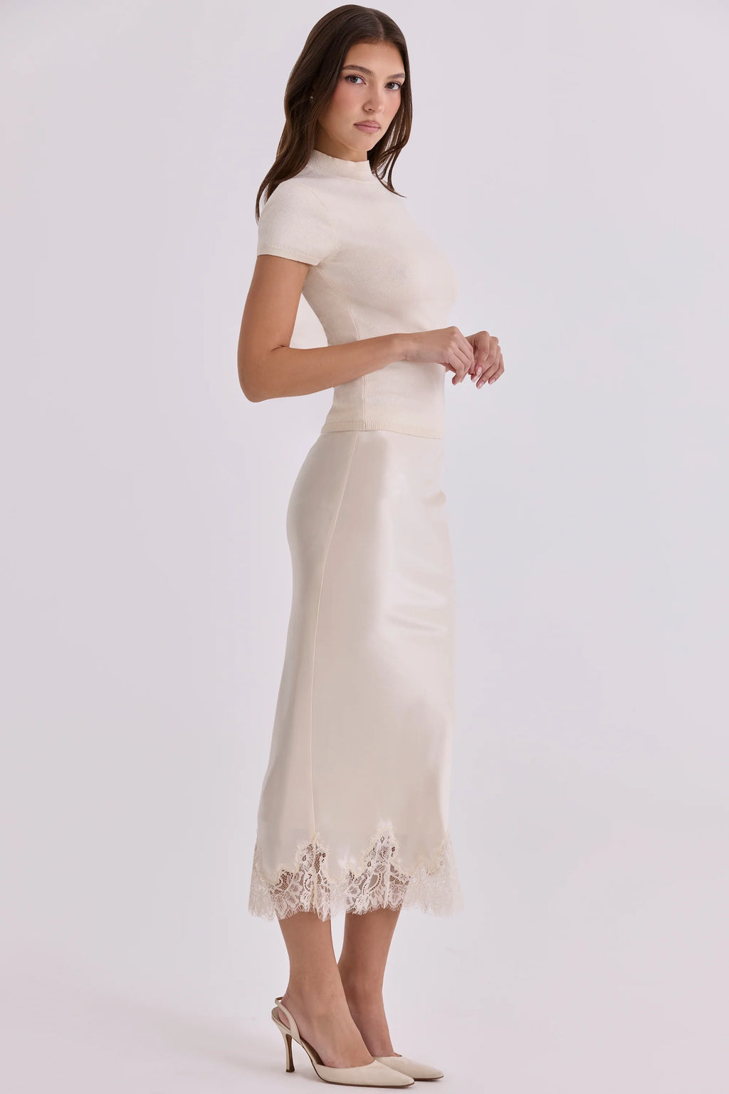 vintage ivory satin + lace midi skirt