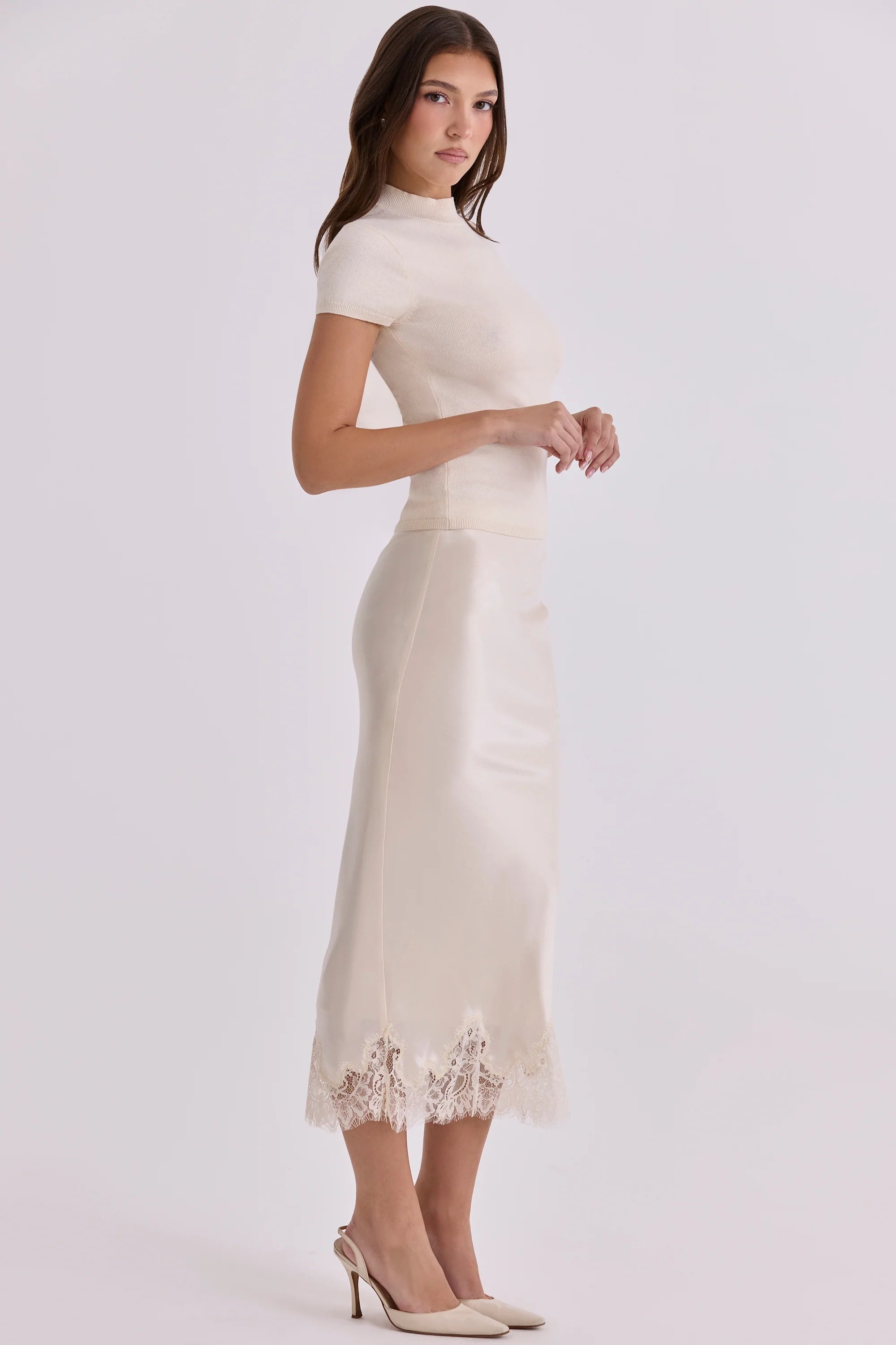 vintage ivory satin + lace midi skirt