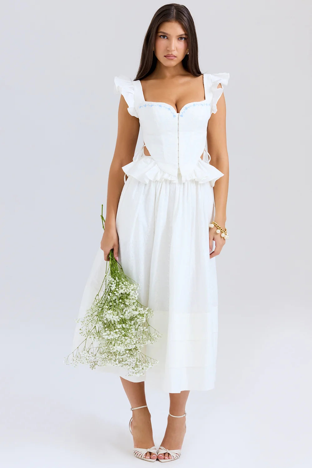 white embroidered cotton midi skirt