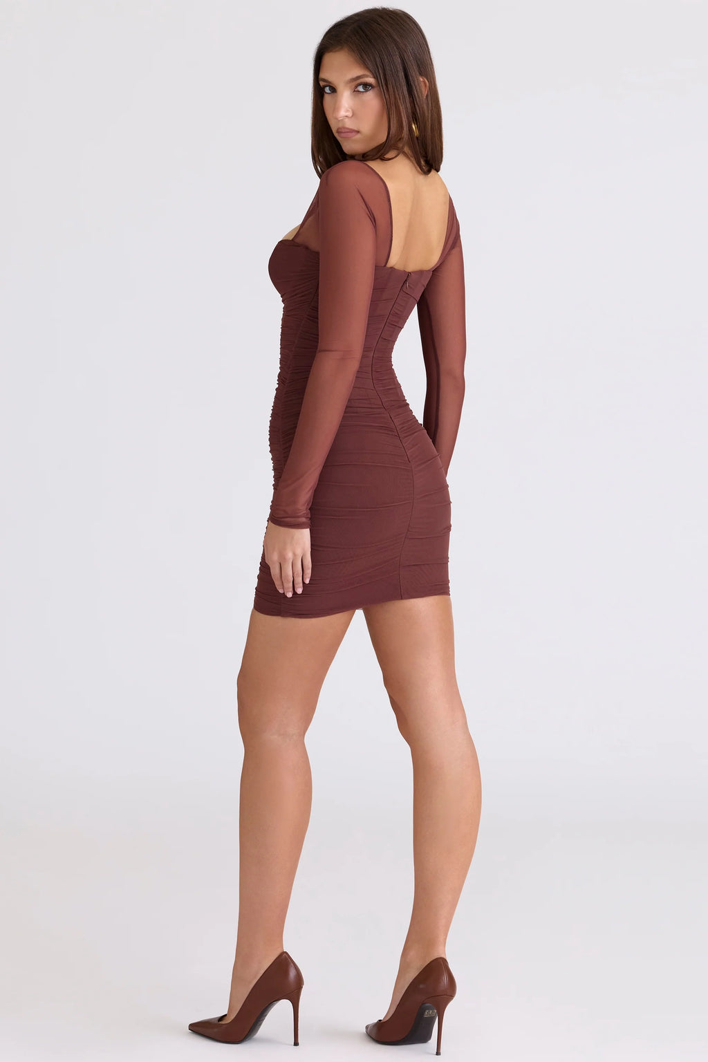mocha mesh long sleeve mini dress