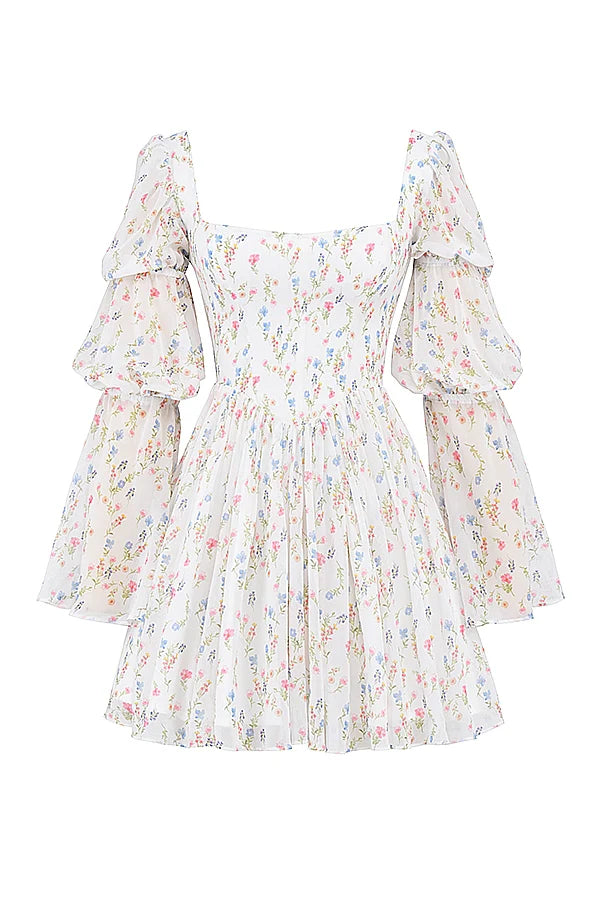 white posy print puff sleeve mini dress