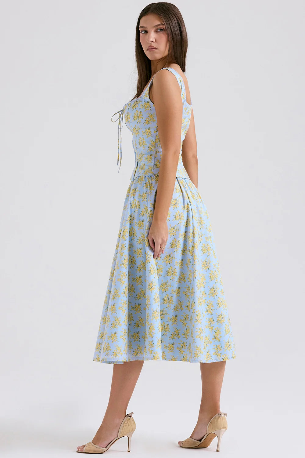 soft blue vintage floral print cotton midi skirt