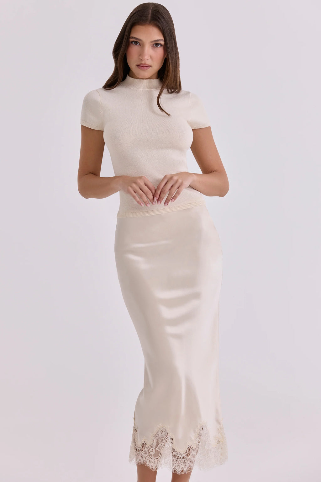 vintage ivory satin + lace midi skirt
