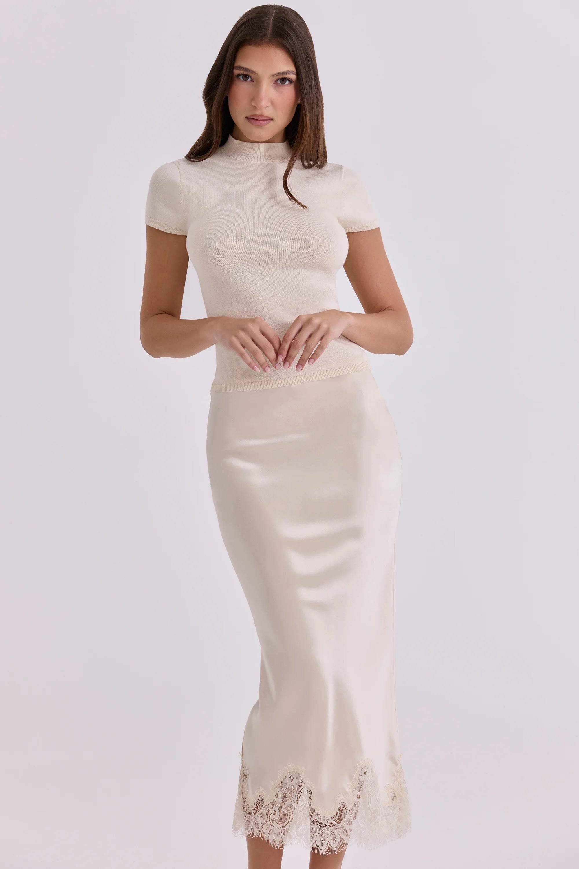 vintage ivory satin + lace midi skirt