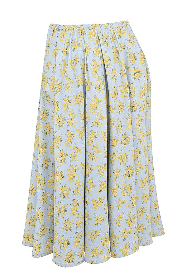 soft blue vintage floral print cotton midi skirt