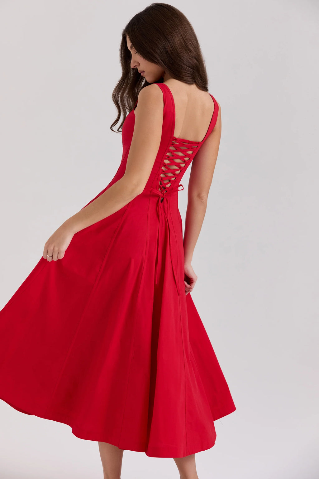 red stretch cotton midi sundress