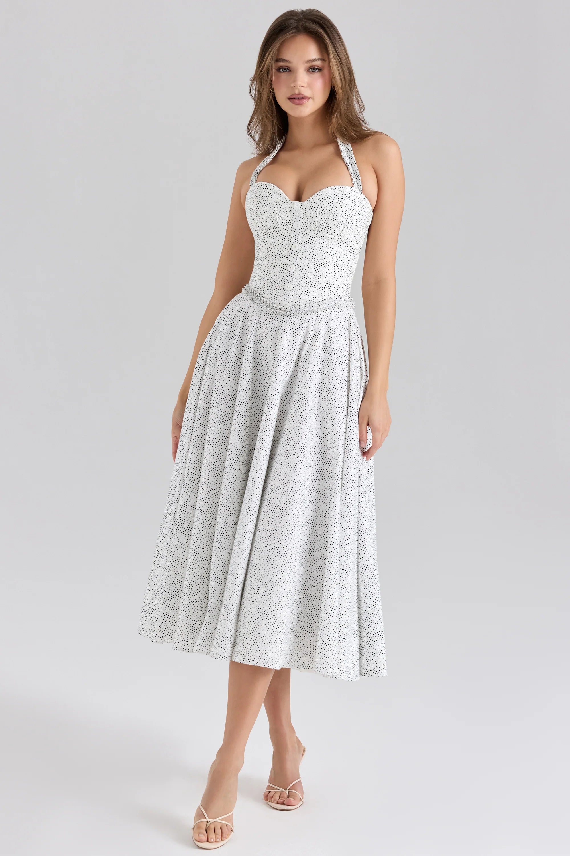 cotton halter neck polka dot print midi dress