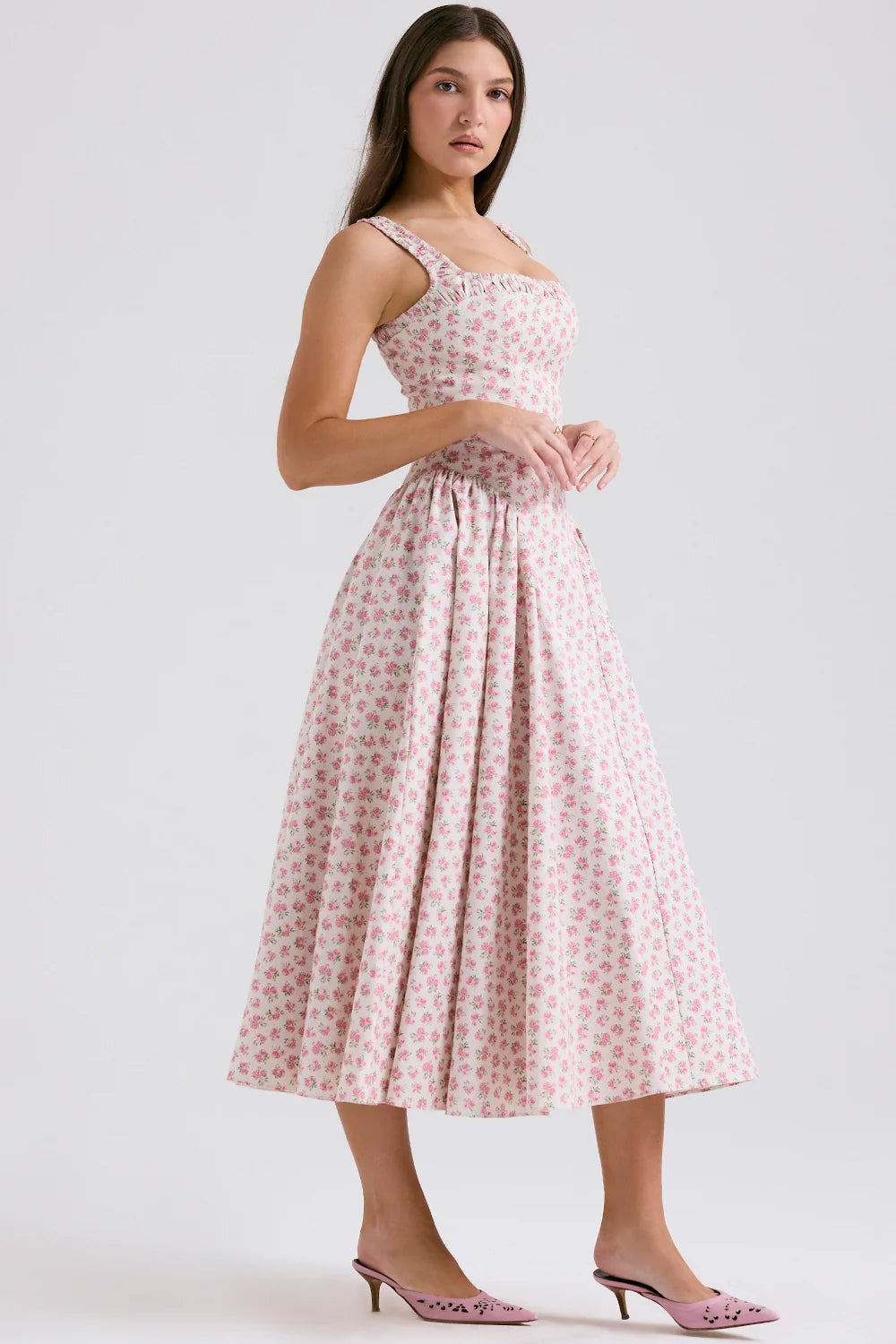 white rosebud print cotton midi sundress
