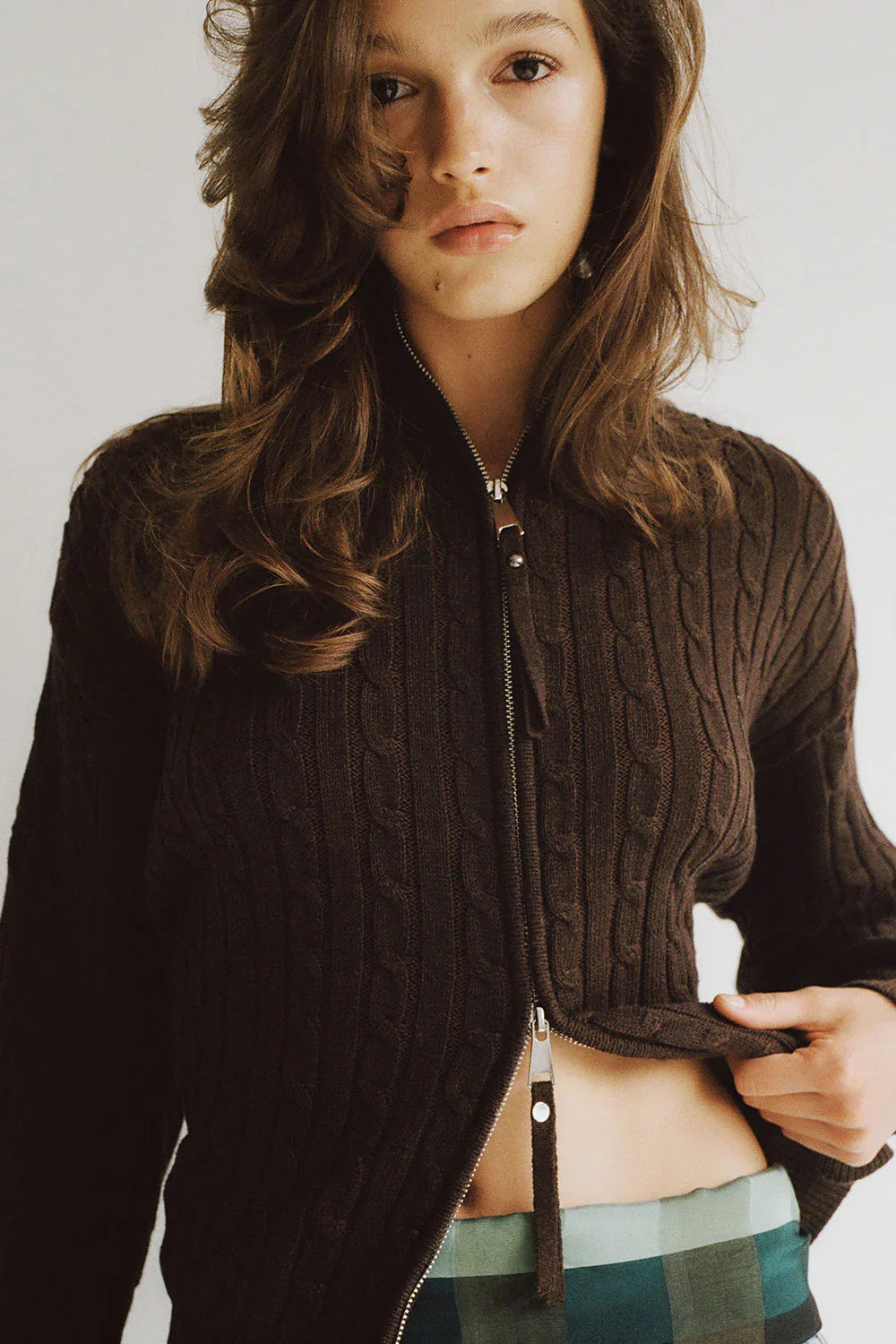 Bea Cable Knit Zip Up Sweater - Chocolate Brown