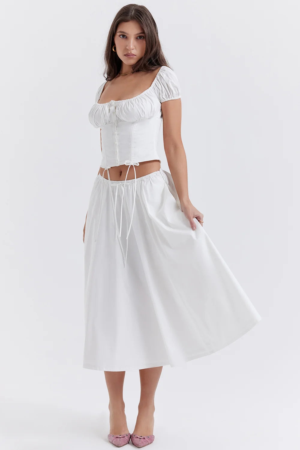 white gathered midi skirt