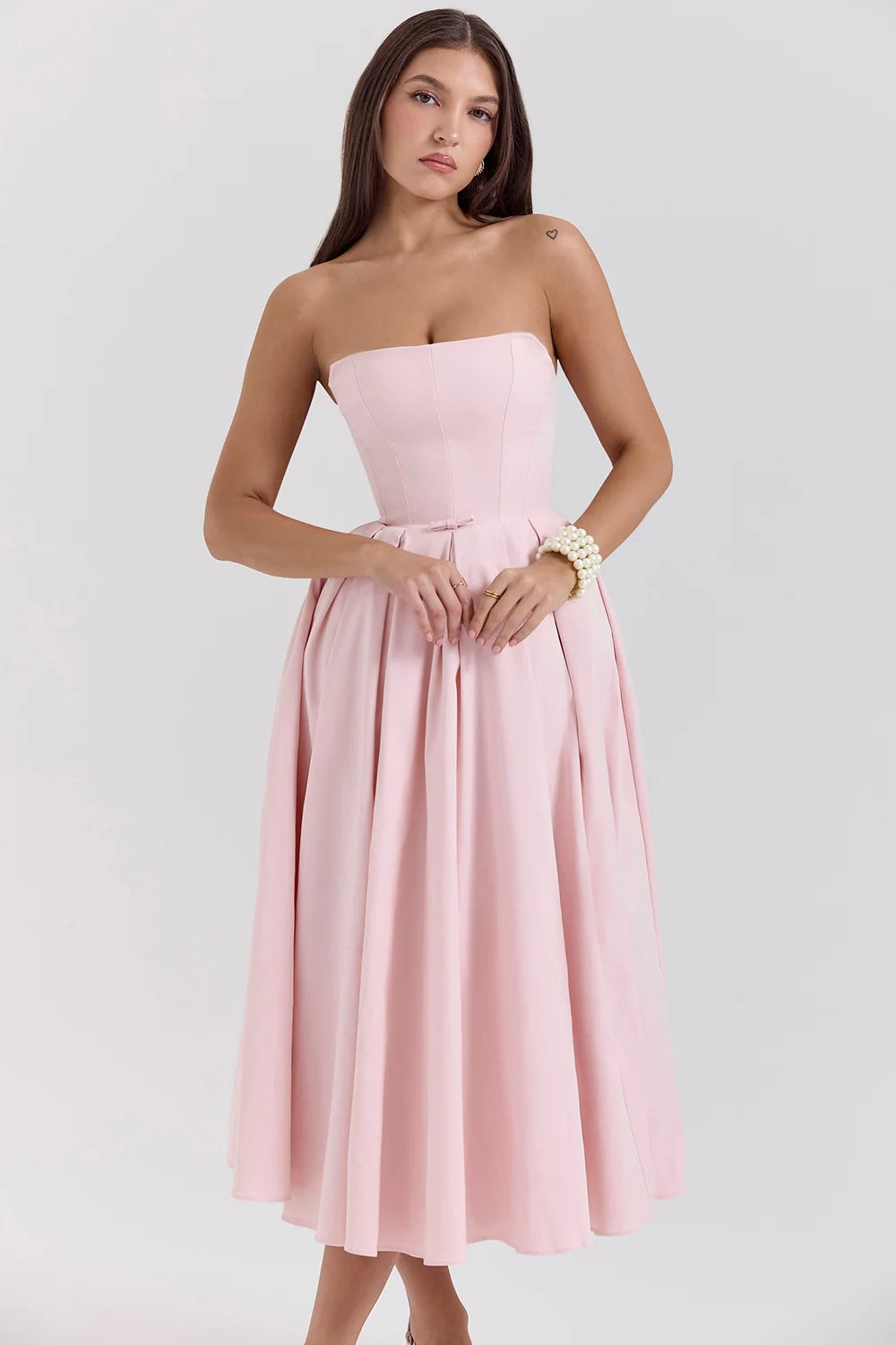 parisian pink strapless corset midi dress