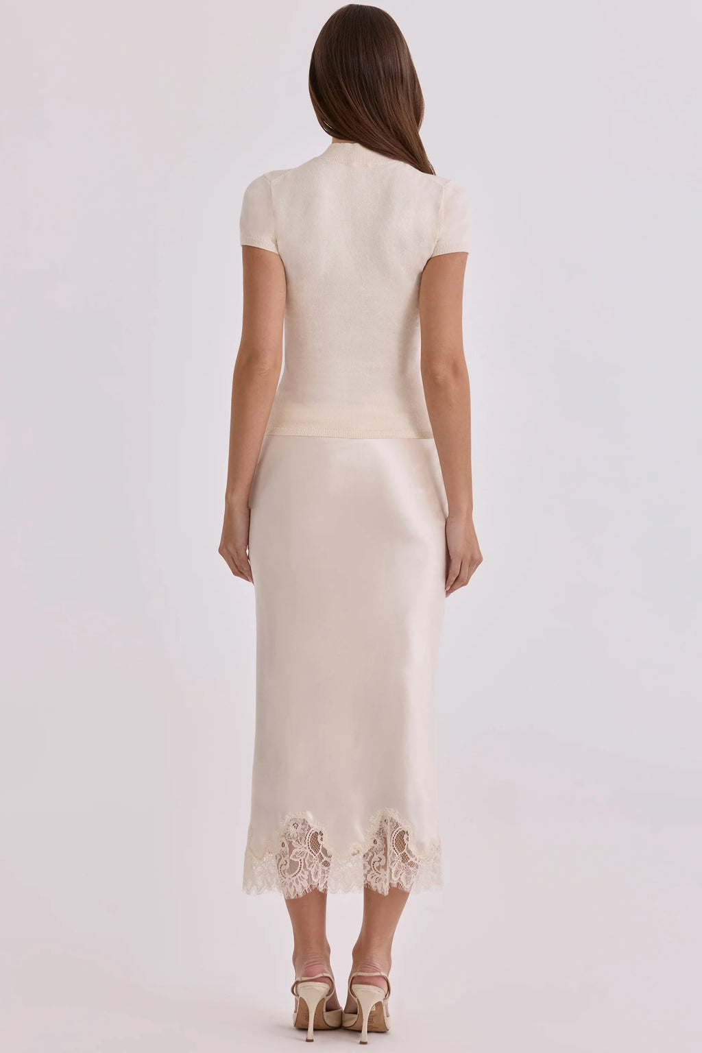 vintage ivory satin + lace midi skirt