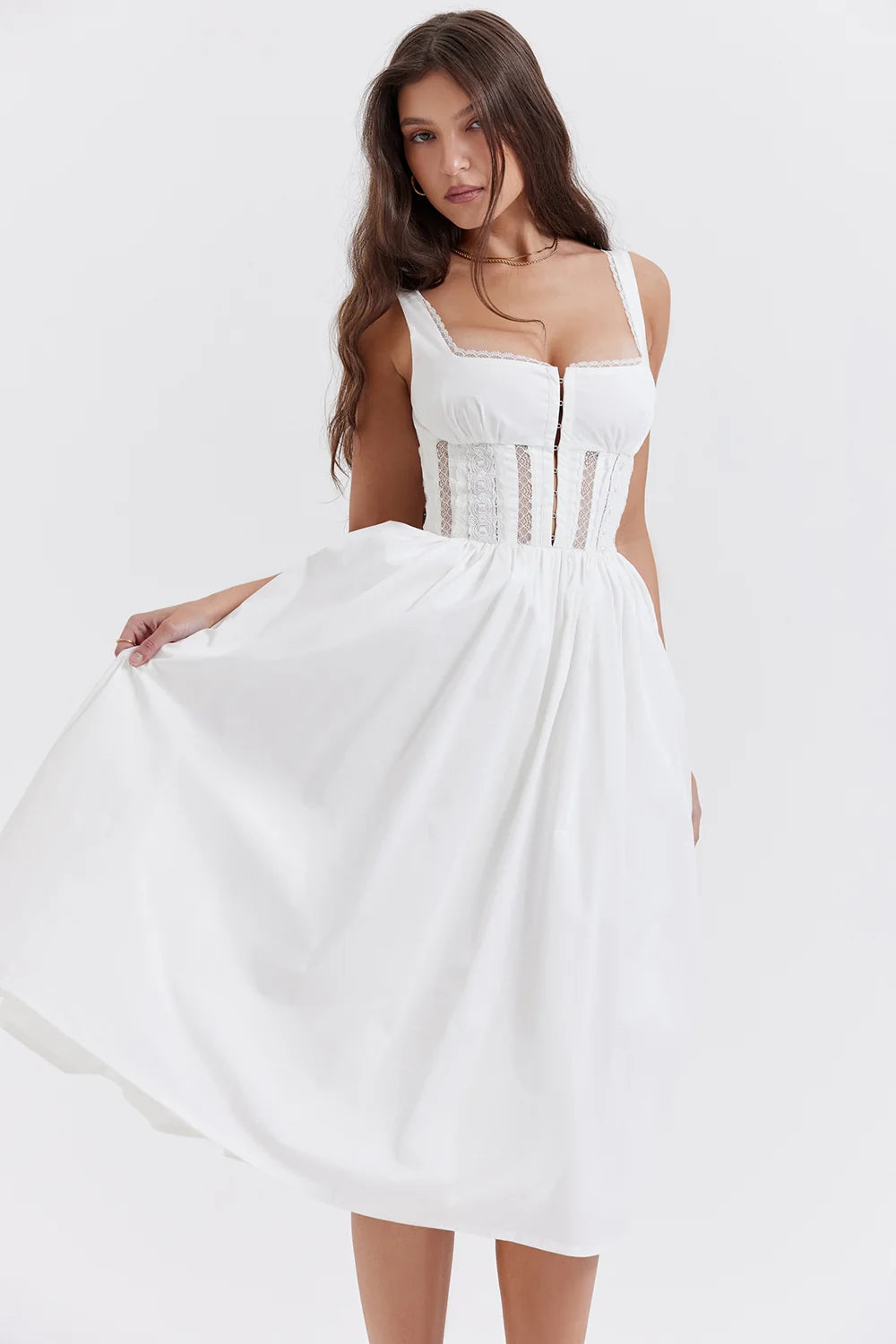white lace trim midi dress