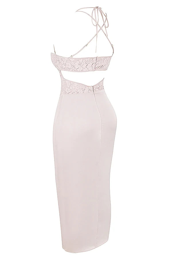 crystal satin and lace midi dress
