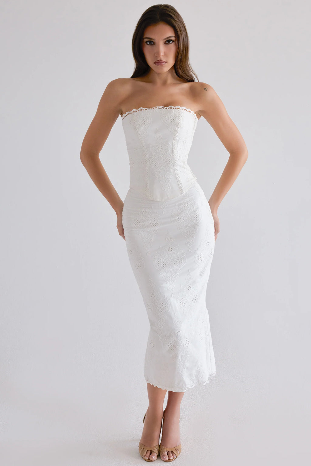 white cotton broderie anglaise midi skirt