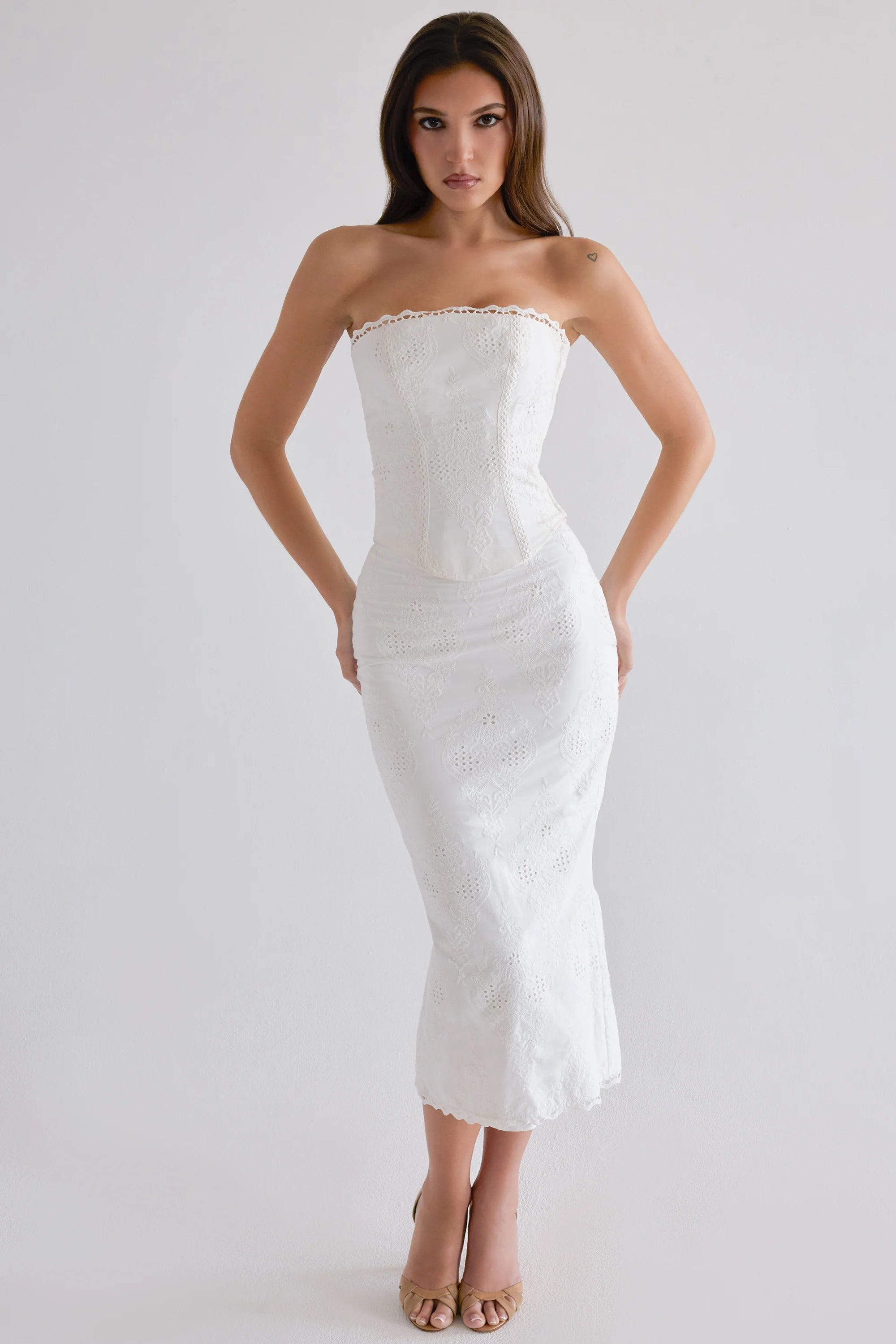 white cotton broderie anglaise midi skirt