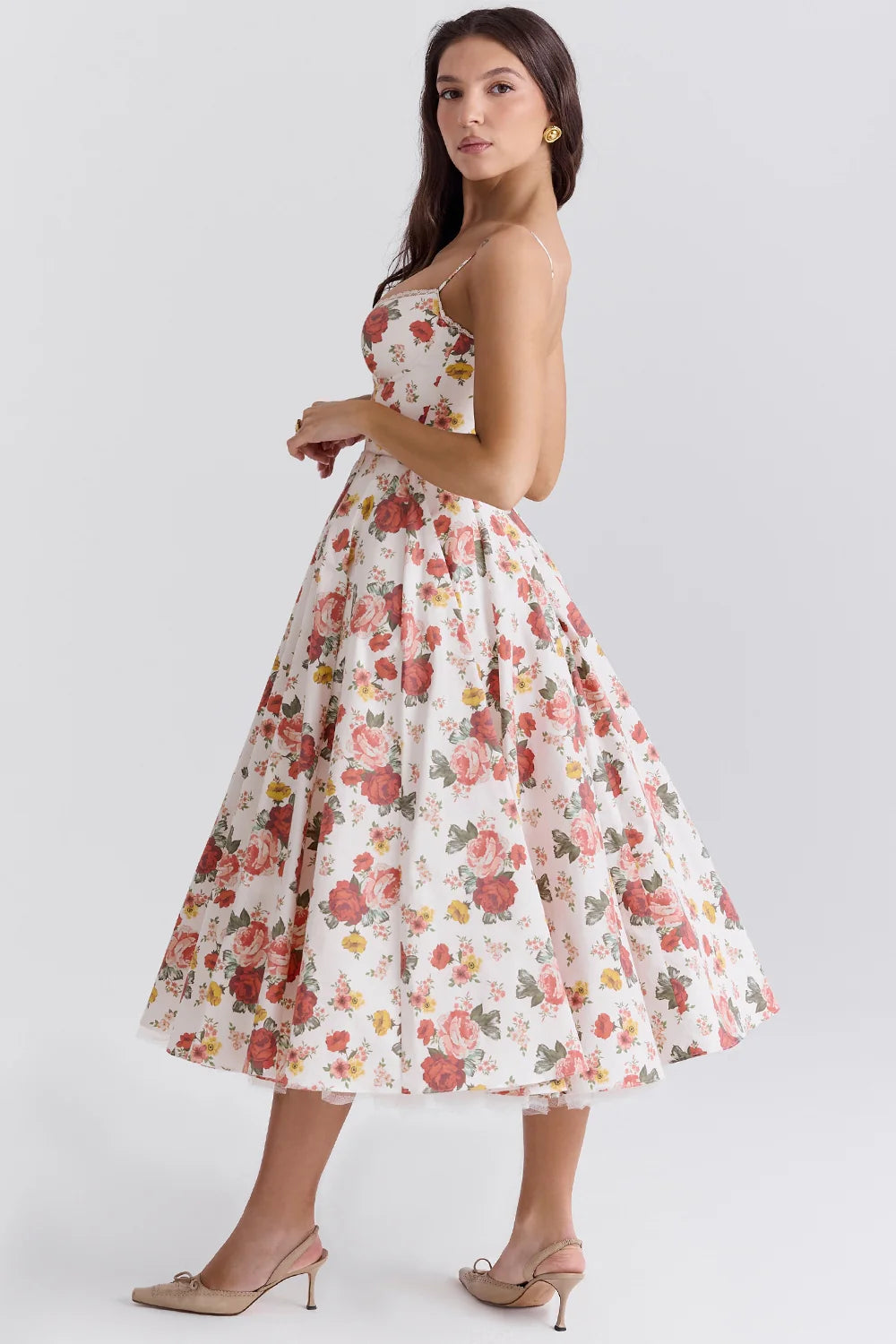 italian rose print tulle midi dress