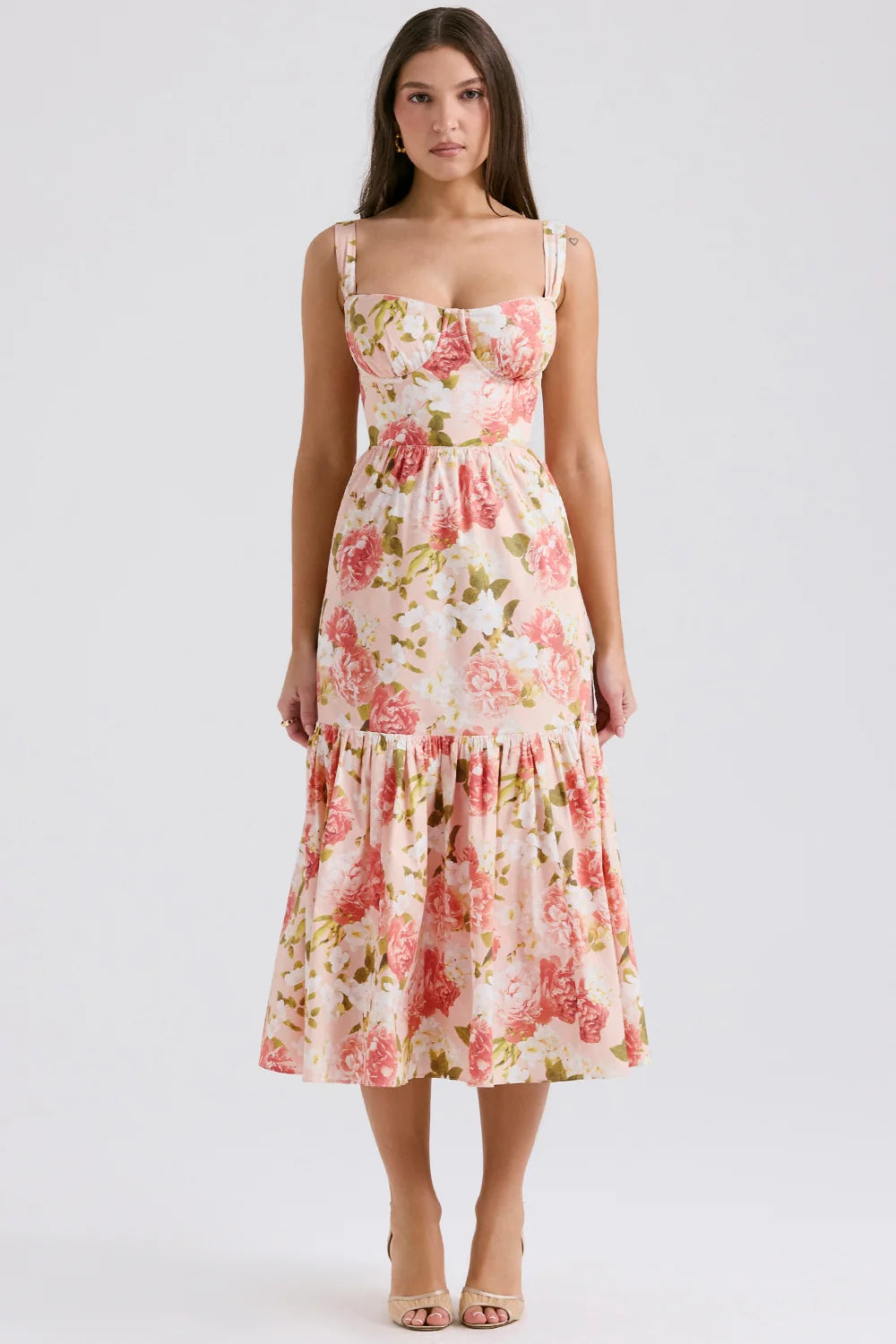 pink peony print cotton midi sundress