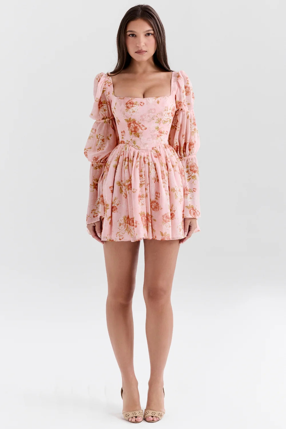 english vintage rose print puff sleeve mini dress